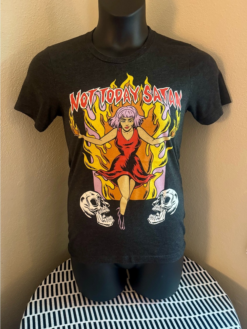 Not Today Satan Graphic Tee - Black with Red & Yellow Print